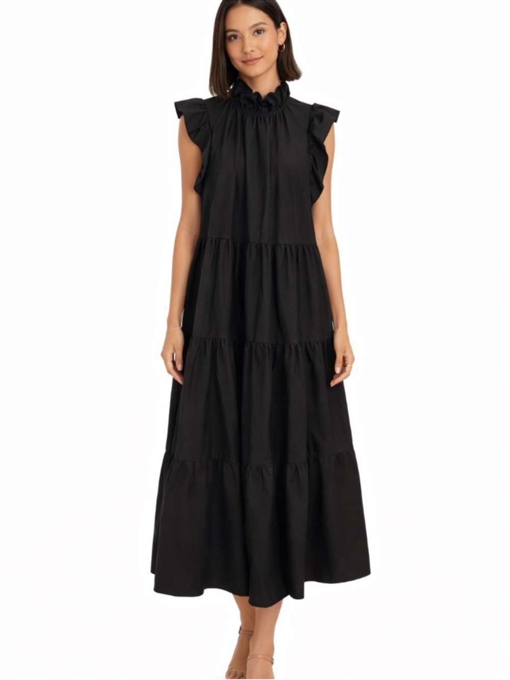 Chepe Italy Black Ruffle Neck Cotton Poplin Tiered Midi Dress Size M Cottagecore